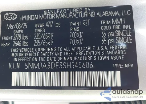 2025 Hyundai Tucson Se from USA, damaged, VIN 5NMJA3DE3SH545606